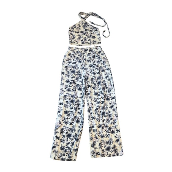 Abercrombie & Fitch Tailored Linen Blend Palm Tree Print Pants Blue and White - Picture 10 of 10